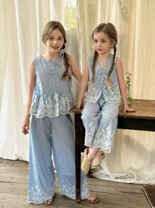 LMoss Kids LMoss 2pcs Set Young Girl Woven Embroidered Round Neck Top And Loose Casual Pants Sisters Outfit, Suitable For Spring And Summer - Multicolor - View 5