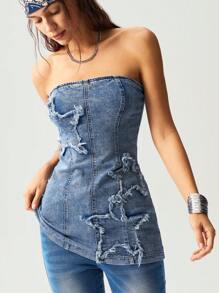 Bohemela 女式牛仔编织短款抹胸 - 藍色 - 查看 1