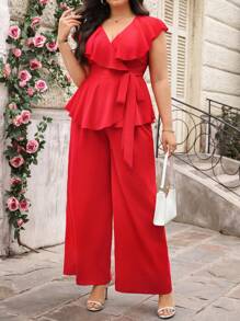 Reflora Plus Size Women Solid Color Ruffle Waist Tie Shirt & Pants Casual 2Pcs Set Two Pieces Set Women Pants Women Clothing Two Pieces Two Pieces Outfits For Women Women Two Pieces Sets Outfits For Women Sets Summer Clothes Rave Outfits Ibiza Rave Country Concert Outfit Rave Outfits Festival Nashville Outfits Outfits Outfits Vacation Outfits Women Mother Day Mom Mother Mommy Mother's Day Mama Mum Mother's Day Gift - Red - View 5