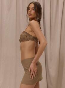 MUSERA Thin Strap Curved Hem Elegant Boho Romantic Linen Feel Ruched Bralette Only For Spring Summer Vacation Holiday Beachwear Ibiza - Chocolate Brown - View 2