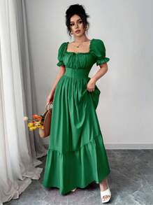 Rafferiza Women's Square Neck Puff Sleeve Front Tie Open Back Cinched Waist Dress - Green - View 4