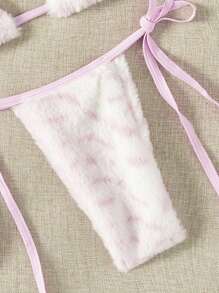 Swim Mod 2pcs Women Beach Outfit Elastic Fuzzy Fabric Tie Front Fashionable Sexy Bikini Set For Summer Beach Vacation - Pink - View 3