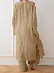 Swim Chiccia 1 Set Women Solid Color Kimono Top And Pants Outfit, Minimalist Style Suitable For Summer - Camel - View 2