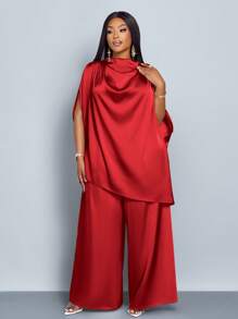 SOLERSUN Women's Fashionable Solid Color Elegant Mock Neck Stylish And Sophisticated Batwing Sleeve Satin Asymmetrical Hem Blouse & Straight-Leg Elegant Long Pants Sets Fall Cloth For Women - Red - View 4