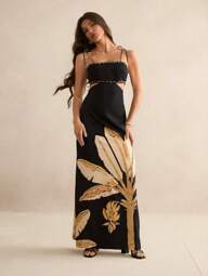 SHEIN Tall Vestido Casual de Verão Vestido Boêmio de Mulher Estampa de Árvore de Banana, Cintura Oca com Amarração Nas Costas sem Mangas Preto, Férias