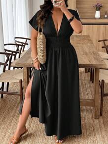 Breezaya Plus Size V-Neck Solid Color Short Sleeve Casual Dress, Suitable For Summer BASICS - Black - View 1