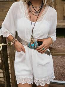 LanaWest 女式波西米亚 V 领蕾丝边连体裤和连身衣，度假夏季服装复古西部乡村休闲工装裤，音乐节庆祝母亲节