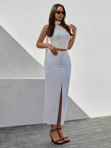 Letter Patched Split Thigh Denim Skirt