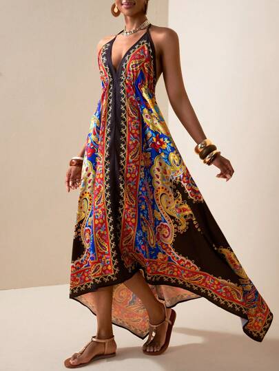 Zivah 2025新款节日度假日常约会交叉吊带大露背深V领短中前长腰两侧长款真丝围巾花朵图腾印花全身黑底红蓝黄印花女式长裙-A