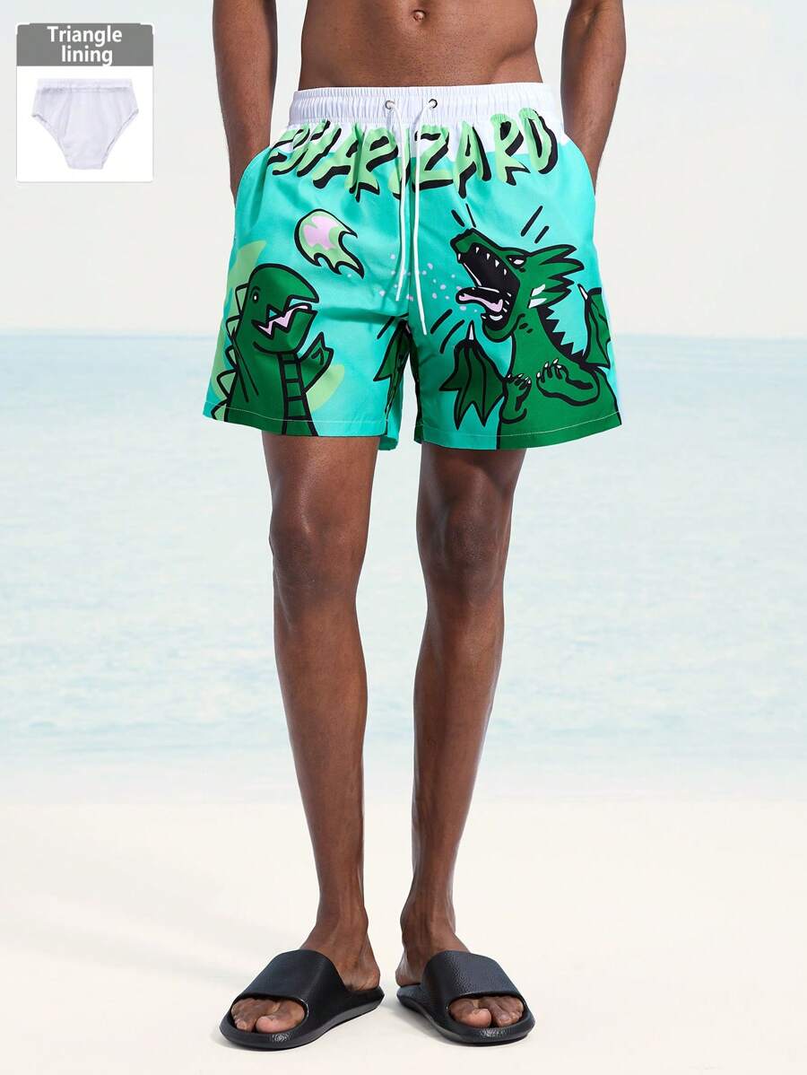 Surfspeed Men's Vacation Cartoon Dinosaur Letter Print Drawstring Waist Beach Shorts - Multicolor - View 1