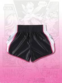 ROMWE MEN Winx Club X ROMWE Pantaloncini sportivi da uomo con grafica a cartoni animati, blocchi di colore e vita elastica, adatti per boxe/basket, per il ritorno a scuola