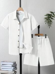 Conjunto de 2 piezas para adolescente: Camisa de manga corta y pantalón corto de unicolor informal, para verano, vacaciones y viajes