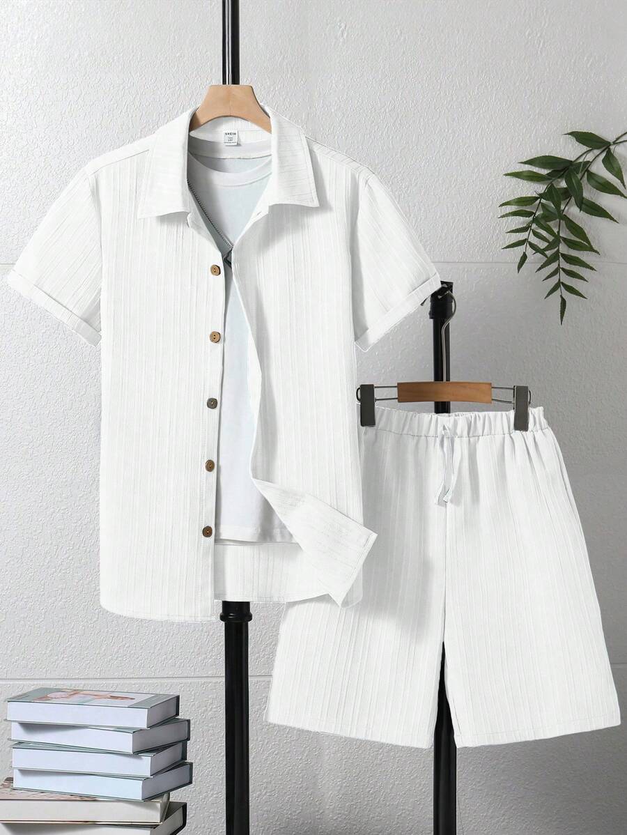 Conjunto de 2 piezas para adolescente: Camisa de manga corta y pantalón corto de unicolor informal, para verano, vacaciones y viajes