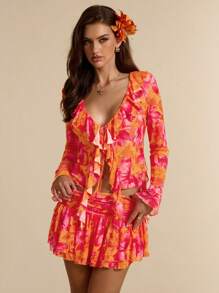 SHEIN BAE 2pcs Women Vacation Set: Solid Color/Tie-Dye Print Sheer Mesh Ruffle Crop Top & Low Waist Ruffle Hem Super Short Skirt, Resort Beach Outfit, Summer