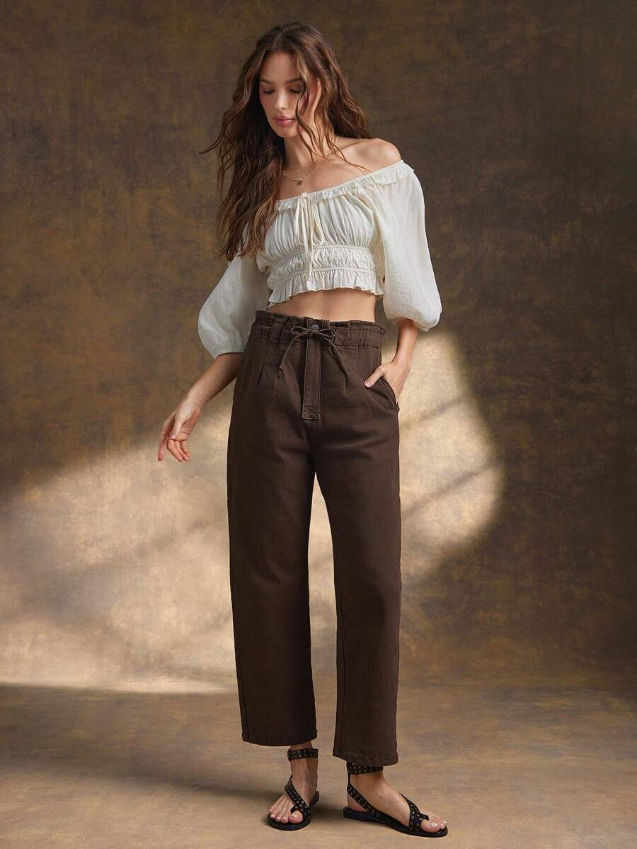 WESTFADE 纸袋腰带抽绳前纽扣西部锥形腿牛仔女式斜纹裤，适合春假 - 棕色 - 查看 1