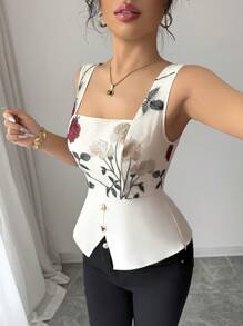 Selianne Women Floral Embroidery Square Collar Button-Detailed Sleeveless Blouse - Apricot - View 6
