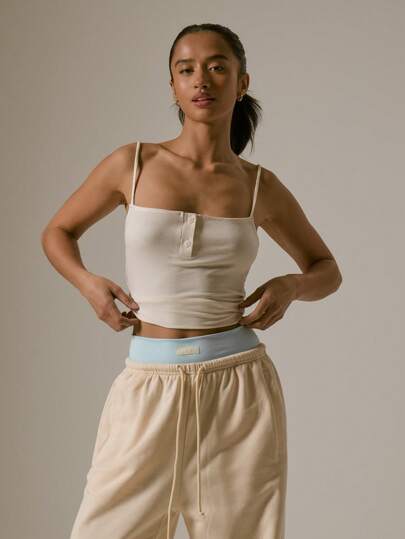 MUSERA Spaghetti Strap Casual Button Cropped Cami Top For Vacation, Airport Vacation Casual Spring Summer Fall