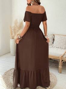 SHEIN Clasi Plus Size Women Elegant Off Shoulder Ruffle Waist-Tie A-Line Long Dress, Spring/Summer - Brown - View 2