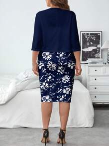 SHEIN Clasi 2 件套大码夏季优雅纯色背心和花卉印花紧身连衣裙短裙两件套 - 藍白色 - 查看 2