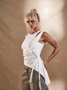 MUSERA White Twist Tie Tank Top Holiday Ibiza Beachwear Vacation Slinky Fitted Soft Touch Festival Rave Fall Back To School Going Out Tops Autumn Winter - White - View 2