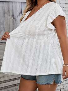 SHEIN CURVE+ Plus Size Summer Beach Vacation Lace Trimmed V-Neck Blouse,T-Shirt Boho Vacation - White - View 9