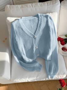 Comfortcana 女士秋冬休闲纯色灯笼袖薄款开衫 - 淺藍色 - 查看 4