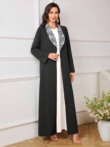 Al Najma 女士花卉网眼披肩领长袖阿拉伯和服外套、朴素长袍、阿巴雅 - 黑色 - 查看 6