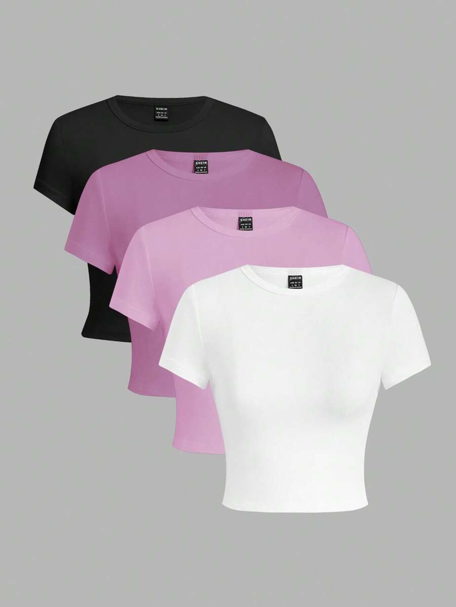 SHEIN EZwear 4件套休闲圆领短袖修身女式T恤,适合夏季穿着 - 彩色 - 查看 1