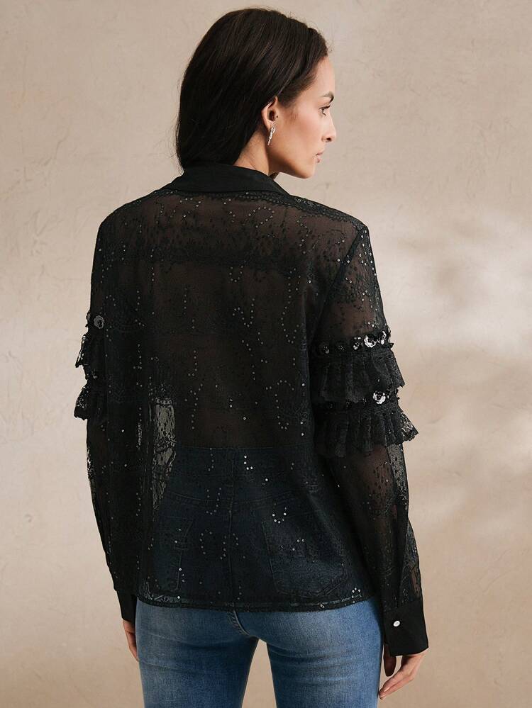 Blusa elegante de mujer con volantes de encaje y lentejuelas, ideal para el Día de San Valentín, vacaciones de verano, Año Nuevo y primavera
