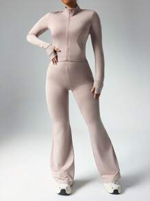 Rhythm Era 2 Peças/Conjunto Jaqueta com Capuz e Zíper Frontal Casual Plus Size para Mulheres & Calça Flare de Cintura Alta, Design com Orifício para Polegar