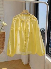 Modelyn Women's Loose Fitting V-Neck Long Sleeve 3D Flower Blouse, Fashionable Spring/Summer Fall Cloth For Women