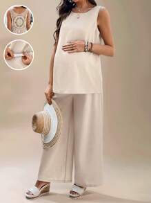SHEIN Maternity 2 Pieces Set: Solid Color Crew Neck Tank Top And Wide Leg Pants, Casual - Khaki - View 1