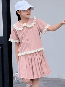 DAZY Tween 女童纯色彼得潘领衬衫和 A 字裙两件套，女童夏季服装，返校服装 - 粉色 - 查看 2