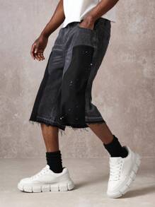 SUMWON Premium Contrast Panel Denim Shorts With Paint Splatter, Distressed Raw Hem, Contemporary Urban Streetwear Design For Summer Festival, Edgy Fashion Statement Piece