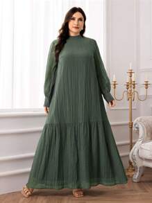 Veilorie Plus Size Casual Solid Color Textured Dress - Green - View 3