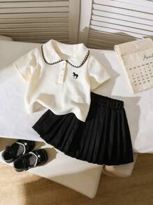 Souflis Souflis 2pcs/Set Baby Girl Infant Toddler 0-3 Years Old Casual & Elegant Polo Shirt Top And Pleated Skirt Outfit Set