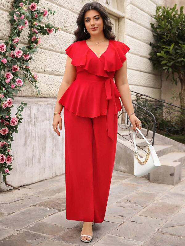 Reflora Plus Size Women Solid Color Ruffle Waist Tie Shirt & Pants Casual 2Pcs Set Two Pieces Set Women Pants Women Clothing Two Pieces Two Pieces Outfits For Women Women Two Pieces Sets Outfits For Women Sets Summer Clothes Rave Outfits Ibiza Rave Country Concert Outfit Rave Outfits Festival Nashville Outfits Coachella Outfits Coachella Outfits Vacation Outfits Women Mother Day Mom Mother Mommy Mother's Day Mama Mum Mother's Day Gift
