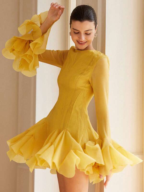 Aveloria Rosie French Luxury High-End Design Women's Short Dress With Flounced Hem, Flare Sleeves, Textured Fabric, Elegant Lady Style Baby Yellow For Spring Fall