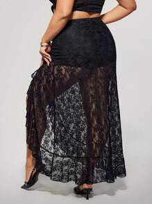 SHEIN ICON Plus Size Black Lace High Slit Ruffle Hem Skirt - Black - View 2