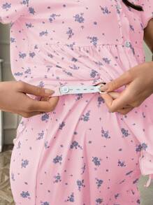 Romantic Ditsy Floral Ruffle Trim Maternity Pajama Set, V-Neck Short Sleeve Top And Long Pants - Pink - View 7