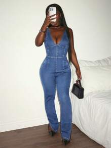 Slaydiva Women's Back Zipper Design Casual Denim Jumpsuit With Bib And Brace - Blue - View 3