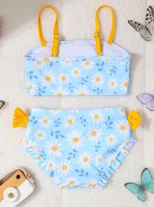 Adorable Girls' Two-Piece Bikini Set With Daisy Print And Ruffle Detailing Perfect For Summer Beach Fun - Multicolor - View 9