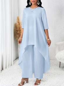 SHEIN Lady 春夏秋季优雅编织圆领飘逸不对称七分袖长袖上衣和裤子大码套装 - 淺藍色 - 查看 3