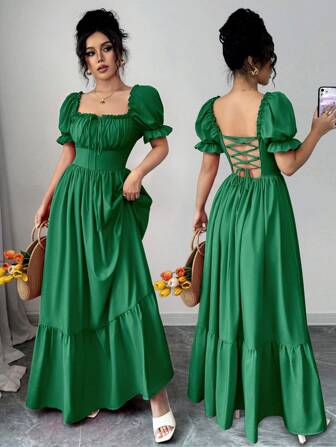 Rafferiza 女士方领泡泡袖前系带露背收腰连衣裙