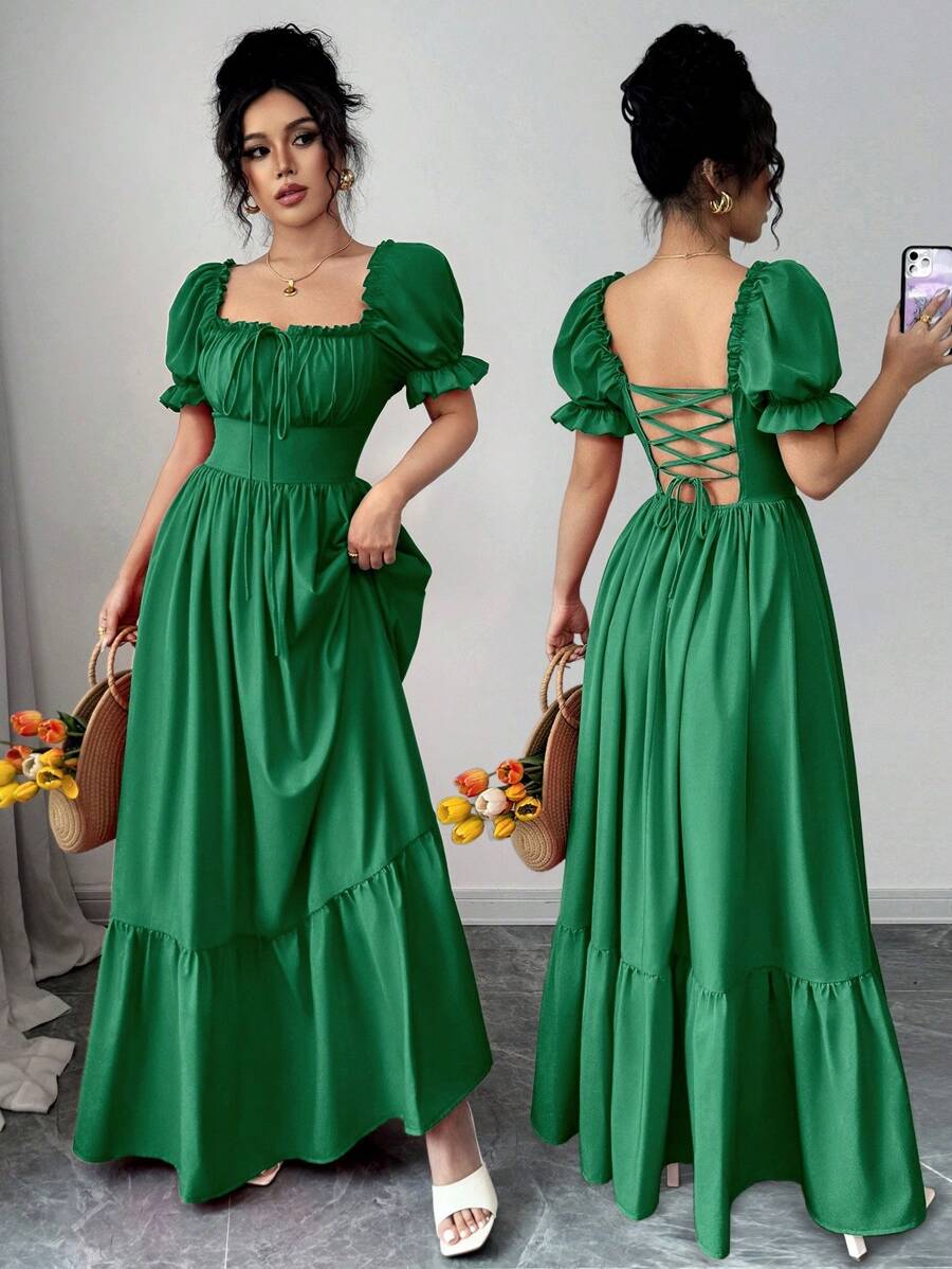 Rafferiza Women's Square Neck Puff Sleeve Front Tie Open Back Cinched Waist Dress - Green - View 1