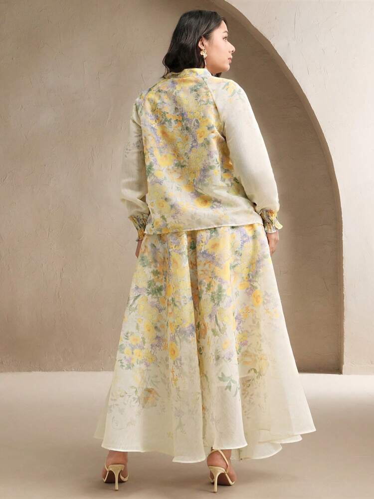 Elegant Festival/Vacation/Holiday Floral Print Long Sleeve Shirt & Mid-Length Skirt Suit