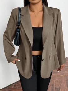 Firerie Plus Size Young Women Casual/Commute Plaid Textured Oversize Loose Fit Long Sleeve Blazer Jacket - Khaki - View 1