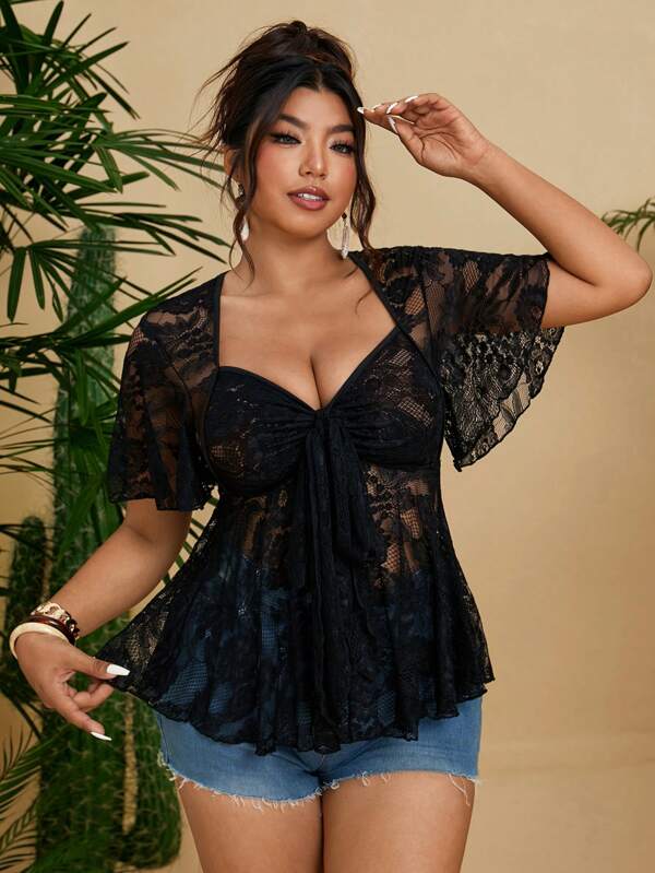 SHEIN SunnyBelle Plus Size Women's Bowknot Gather Ruffle Mesh Lace A-Line Sheer Summer Party/Date Top