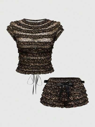 J-Fashion Y2K Sexy Backless Leopard Print Tight Fitted Ruffle Mini Shorts Plus Size Women 2 Pieces Set