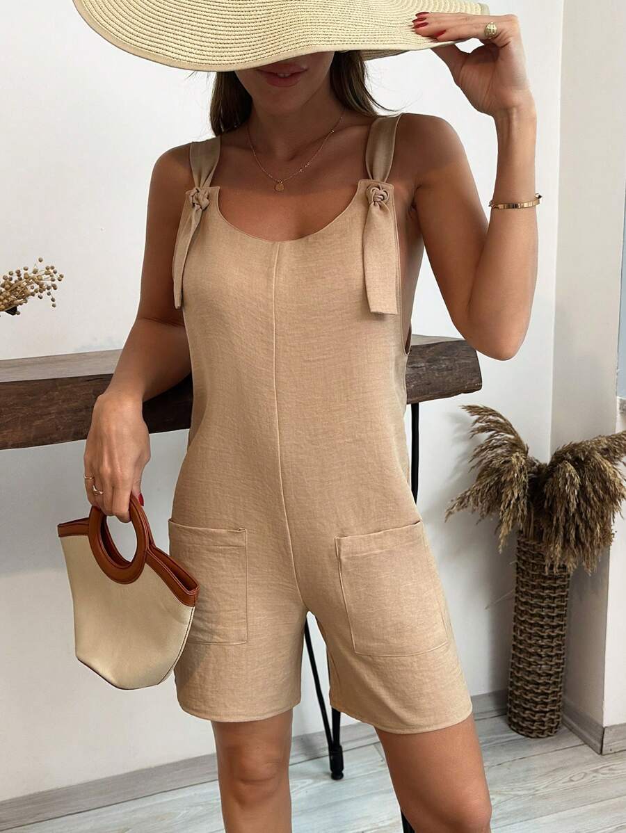 EURMUSE 女士纯色口袋和前系带细节连体裤 - 米色 - 查看 1